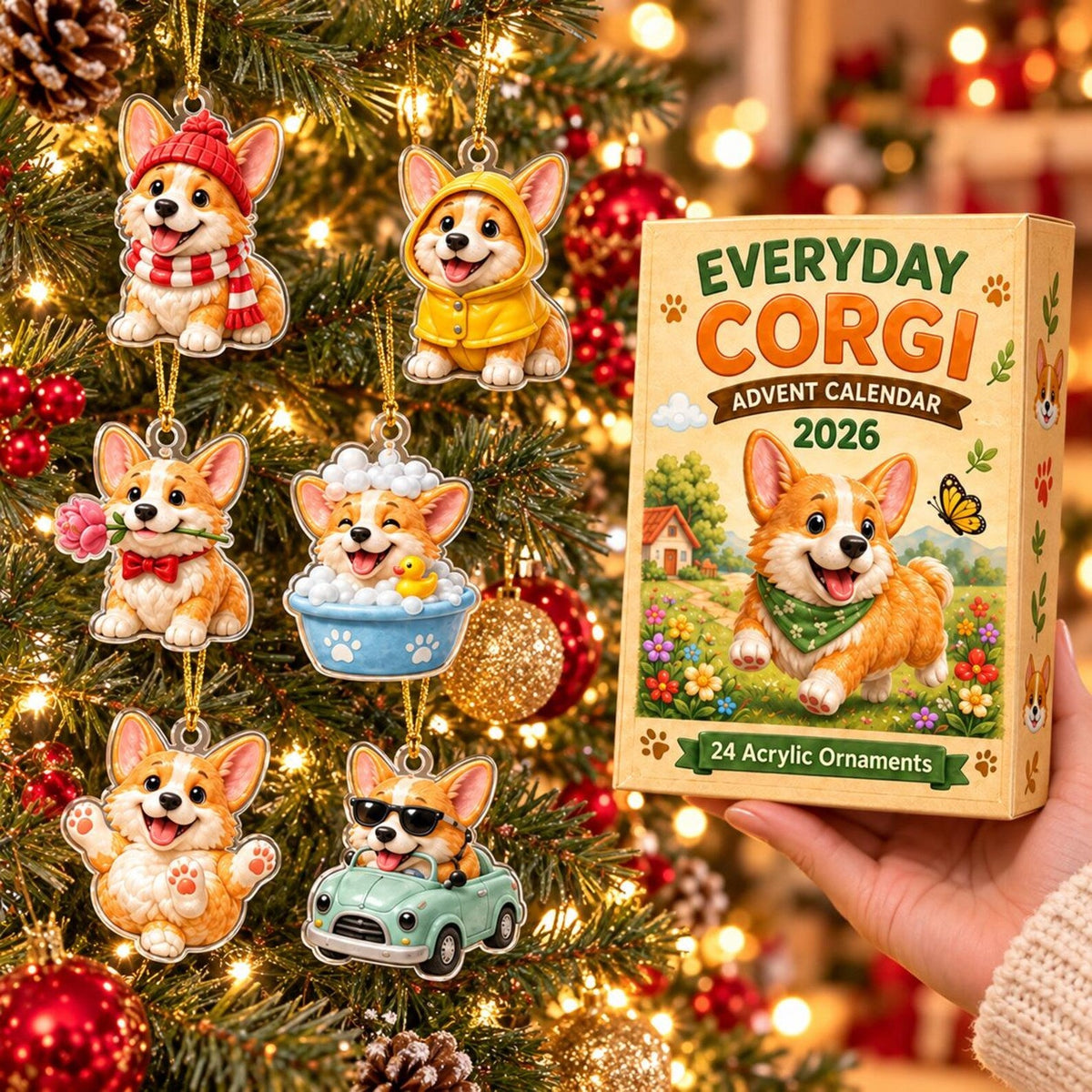 Everyday Corgi Advent Calendar 2026, 24 Day Christmas Countdown, Flat Acrylic Dog Ornaments, Gift for Corgi Lovers, Holiday Tree Decorations
