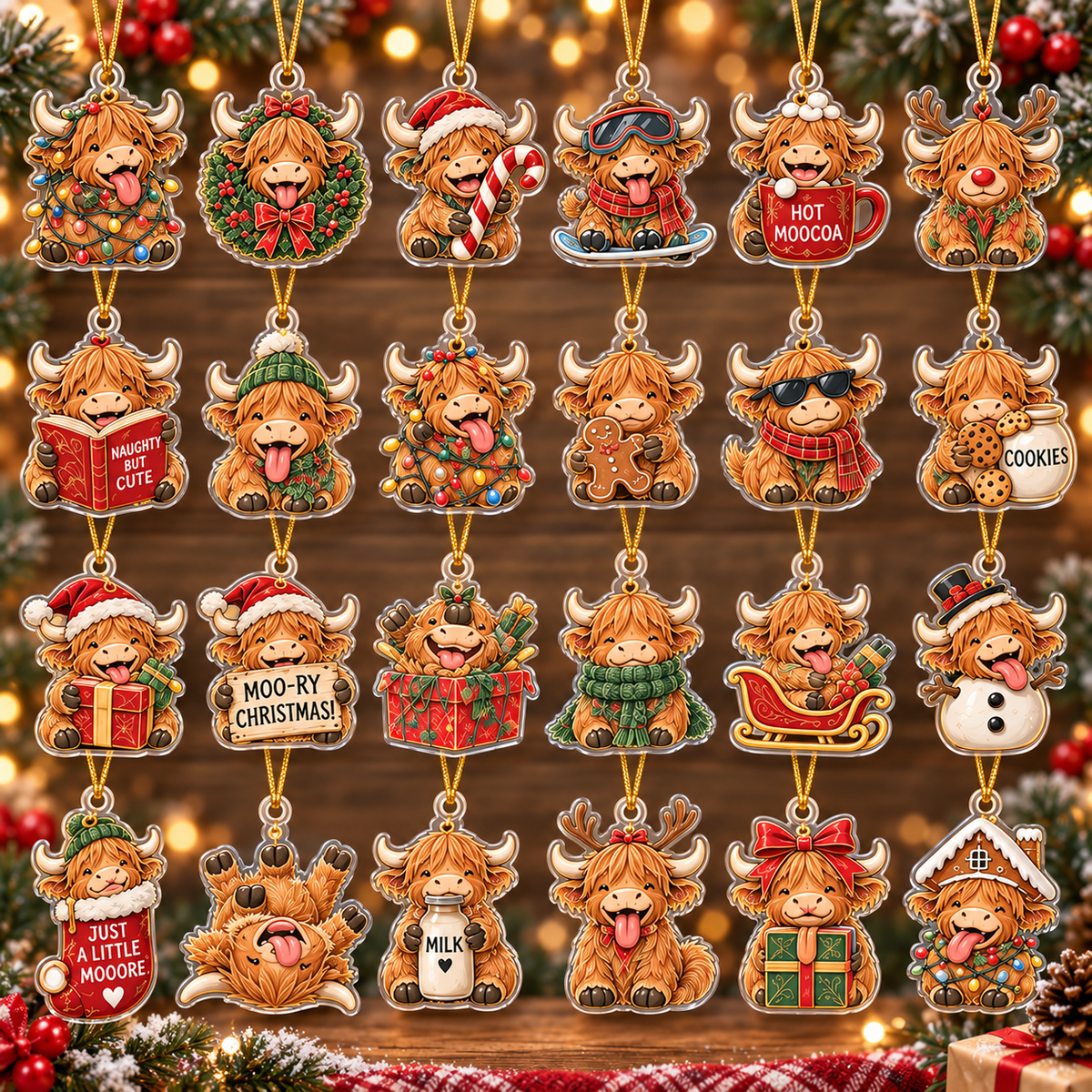Highland Cow Christmas Advent Calendar 2026 – 24 Acrylic Hanging Charms, Funny Cow Holiday Countdown Gift