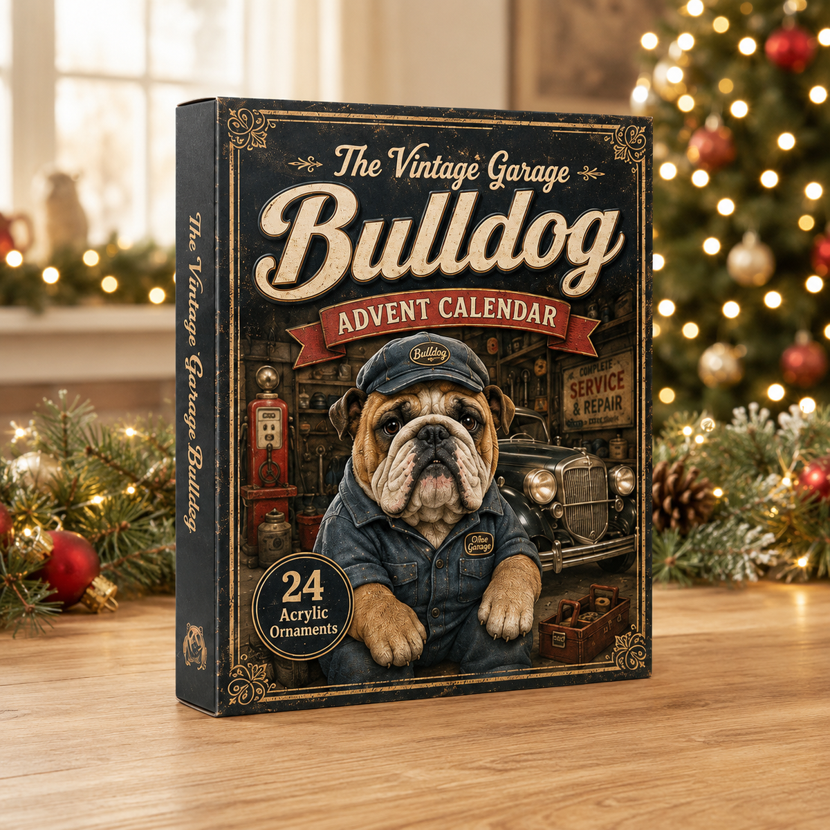 The Vintage Garage Bulldog Advent Calendar 2026 - 24-Day Festive Countdown, Acrylic Charms Blind Box - Gift For Bulldog Lovers
