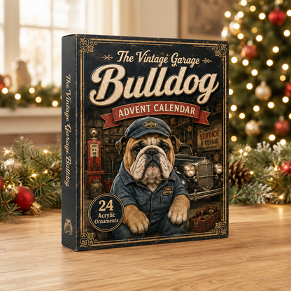 The Vintage Garage Bulldog Advent Calendar 2026 - 24-Day Festive Countdown, Acrylic Charms Blind Box - Gift For Bulldog Lovers
