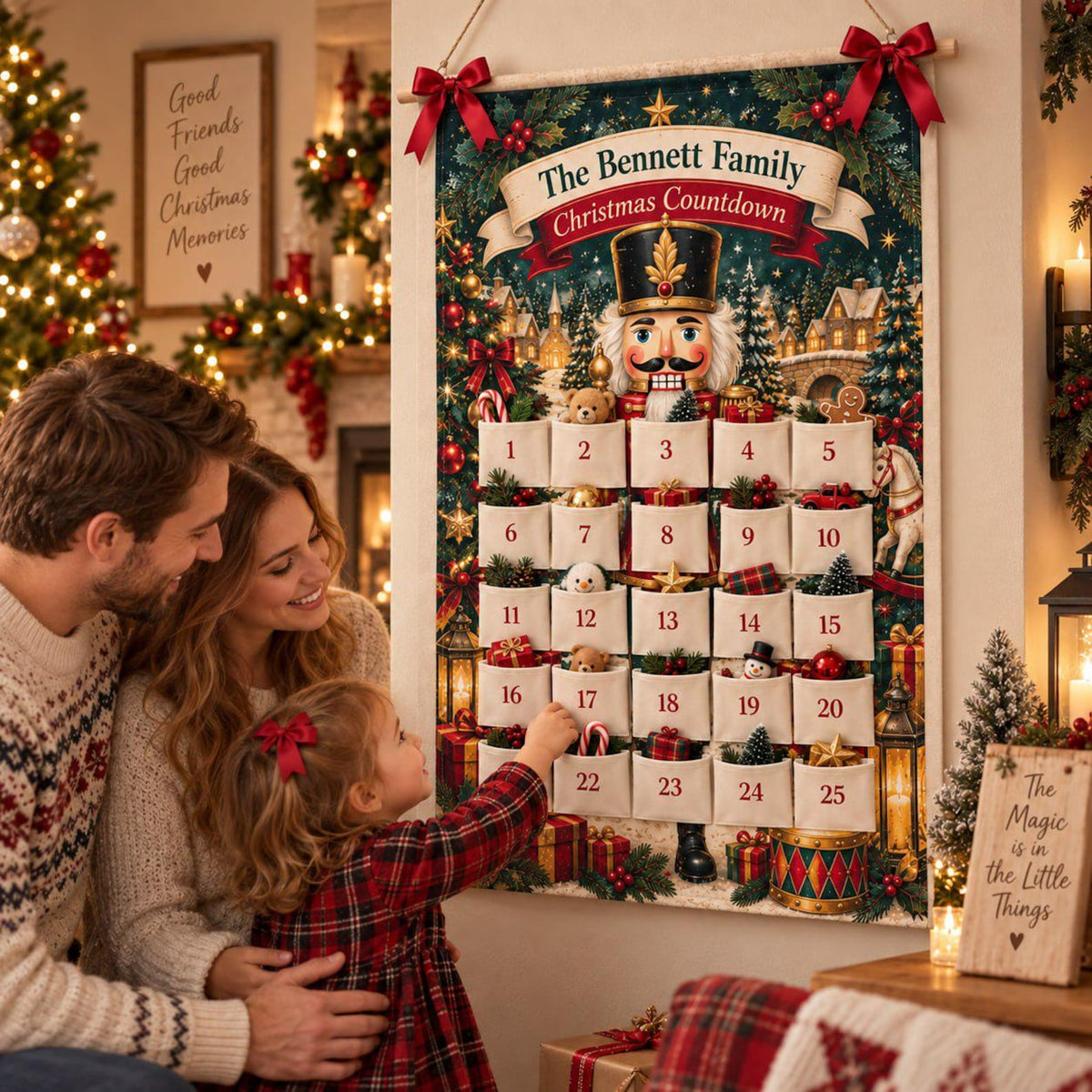 Personalized Reusable Fabric Advent Calendar, Nutcracker Christmas Countdown, Custom Family 25 Pocket Advent Calendar, Holiday Wall Decor