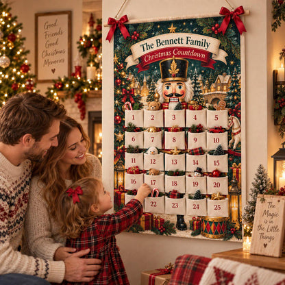 Personalized Reusable Fabric Advent Calendar, Nutcracker Christmas Countdown, Custom Family 25 Pocket Advent Calendar, Holiday Wall Decor