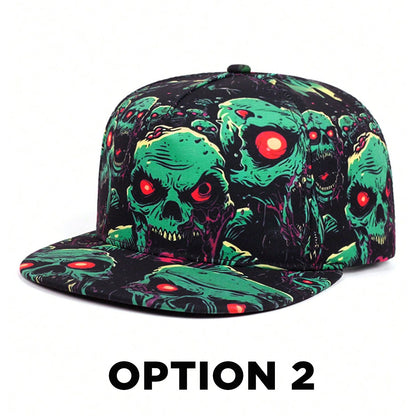 Skull Floral Print Hip Hop Flat Brim Baseball Cap