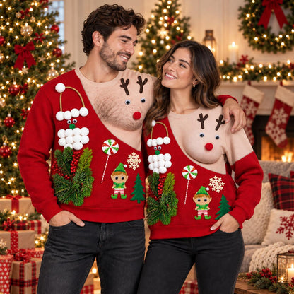 Funny 3D Reindeer & Santa Ugly Christmas Sweater