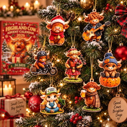 Highland Cow Advent Calendar 2026 24 Days Christmas Countdown 3D Collectible Ornament Farmhouse Holiday Decor Gift for Cow Lovers