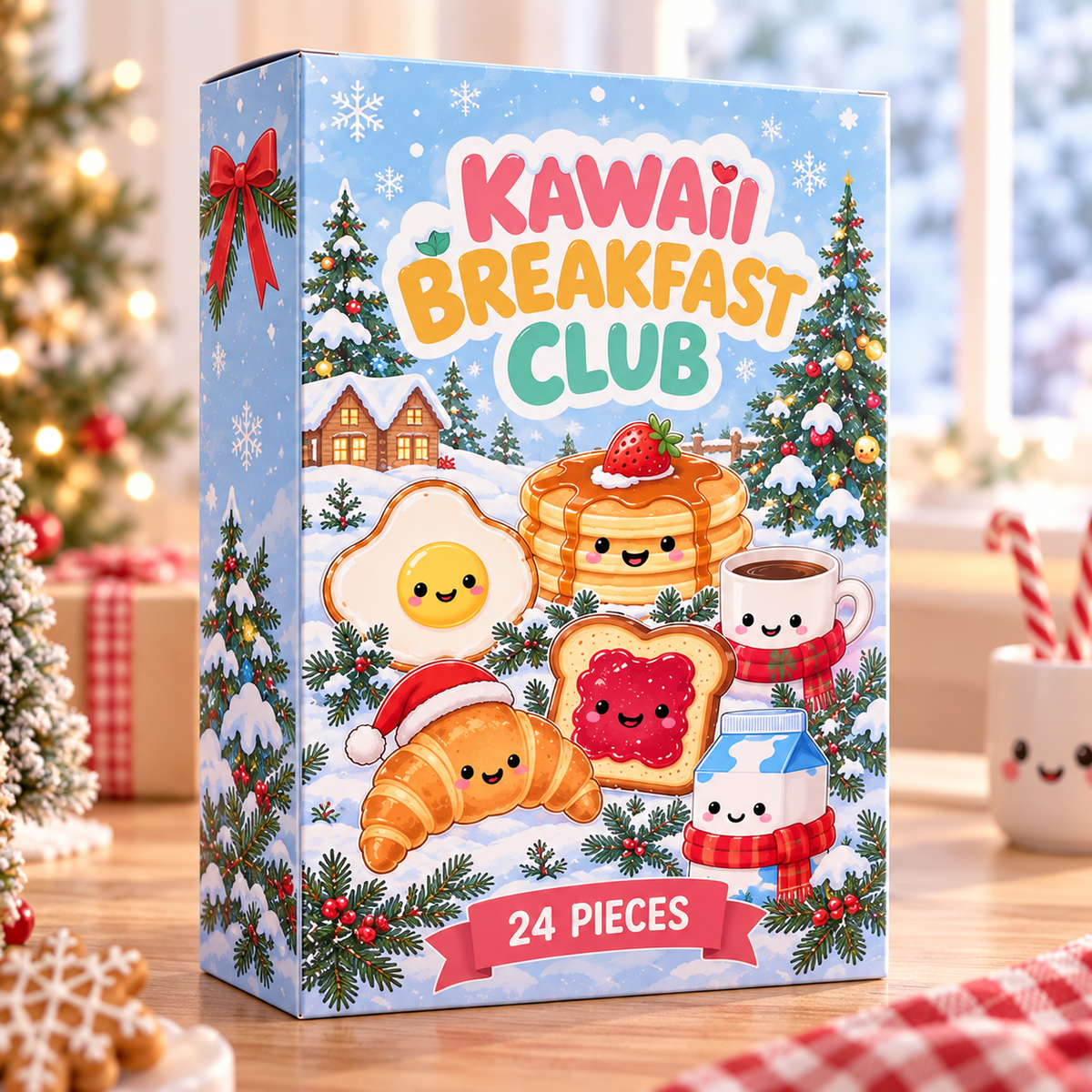 Kawaii Breakfast Advent Calendar with 24 Acrylic Charms, Cute Food 2D Christmas Ornaments, Mini Hanging Charm Set, Christmas Countdown Gift for Kids