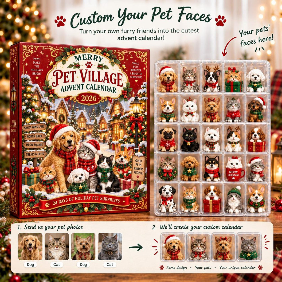 Personalized Pet Advent Calendar, Christmas Dog Cat Countdown Box, 24 Pet Surprise Charms, Custom Pet Photo Advent Calendar, Christmas Gift