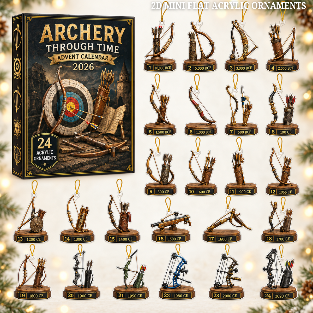 Archery Through Time Advent Calendar 2026 - 24-Day Festive Countdown, Acrylic Charms Blind Box - Gift For Archery Lovers