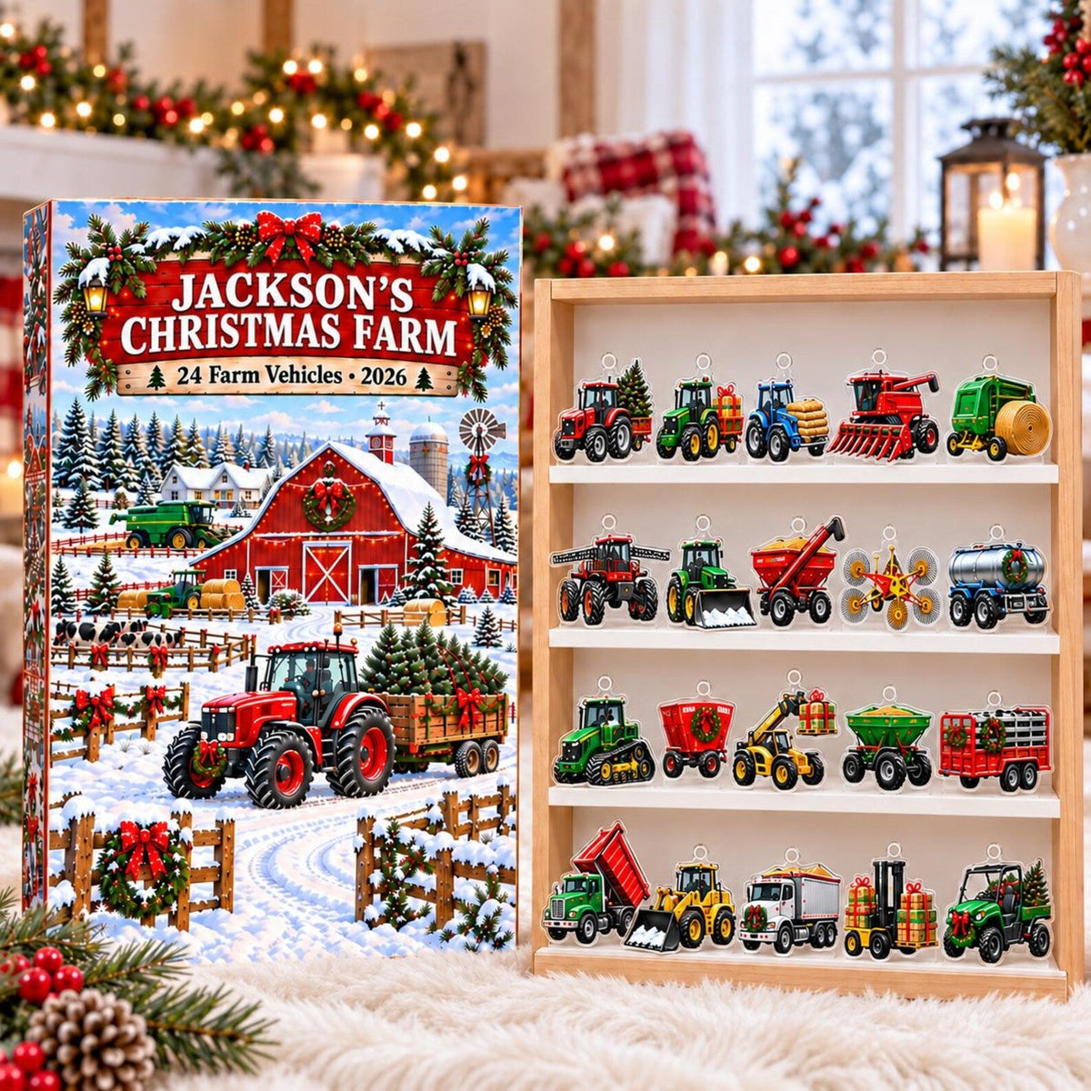 Personalized Farm Advent Calendar 2026, Tractor Christmas Countdown, Farm Vehicle Ornaments, Custom Name Gift for Boys and Tractor Lovers