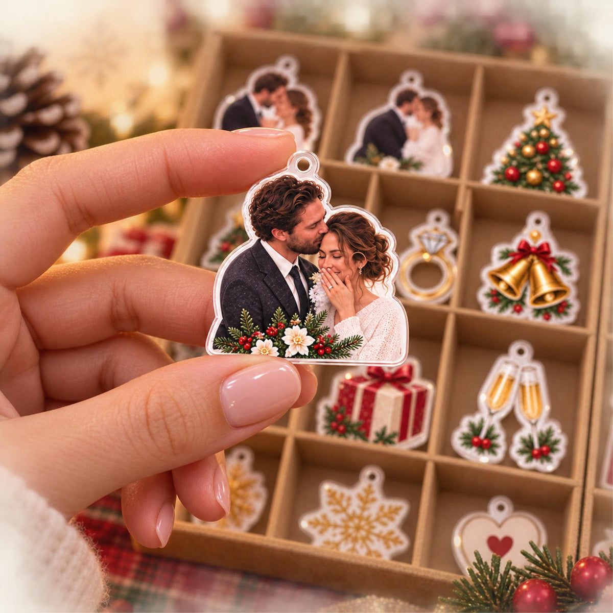 Personalized Engagement Advent Calendar with 24 Custom Photo Acrylic Ornaments, First Christmas Engaged Gift, Couple Keepsake for Fiancée