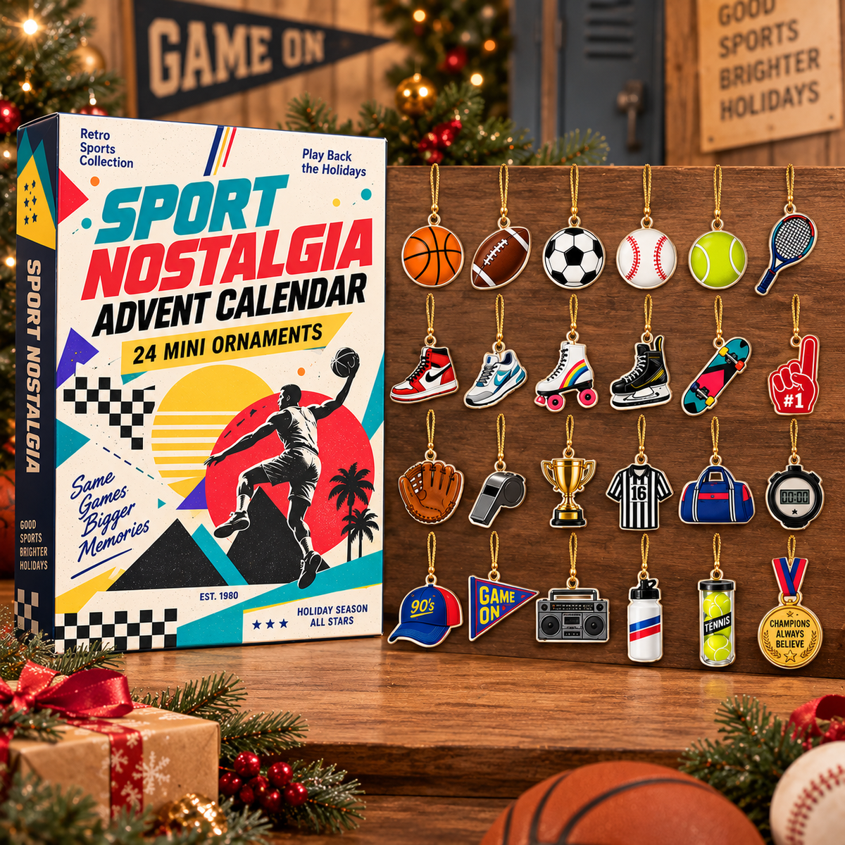 Sports Nostalgia Advent Calendar – 24 Mini Acrylic Sports Ornaments, Retro Christmas Countdown Gift For Sports Fans