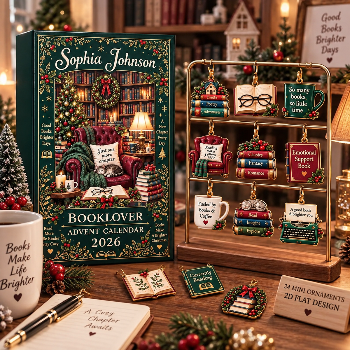 Personalized Book Lover Advent Calendar, Christmas Ornament Set, 24 Day Reading Countdown, Cozy Library Decor, Gift 2026 for Bookworms Gift