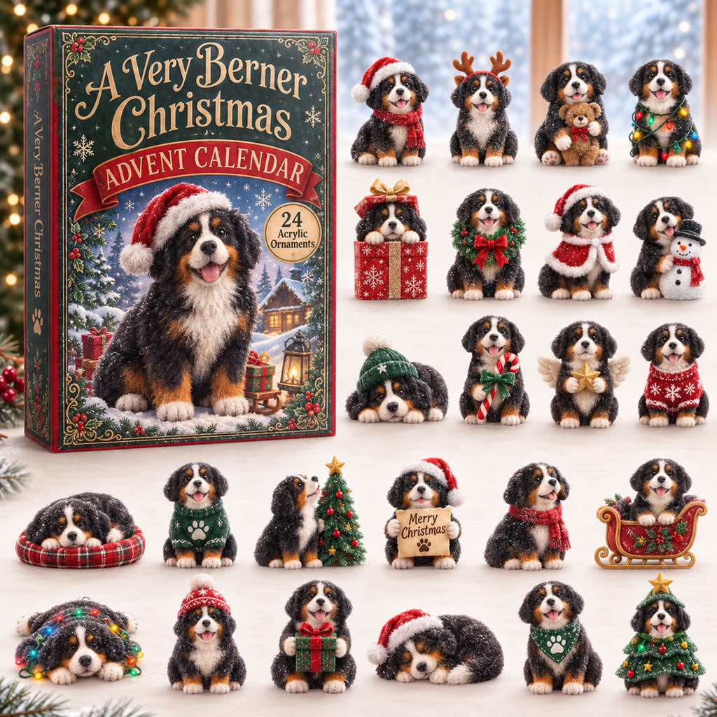 A Very Berner Christmas Advent Calendar 2026 - 24-Day Festive Countdown, Acrylic Charms Blind Box - Gift For Bernese Mountain Dog Lovers