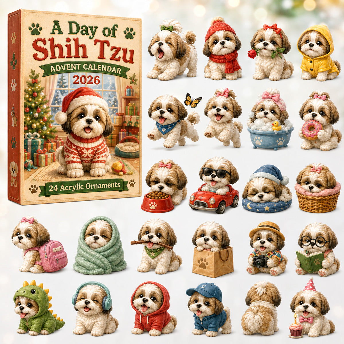 A Day Of Shih Tzu Advent Calendar 2026 - 24-Day Festive Countdown, Acrylic Charms Blind Box - Gift For Shih Tzu Lovers