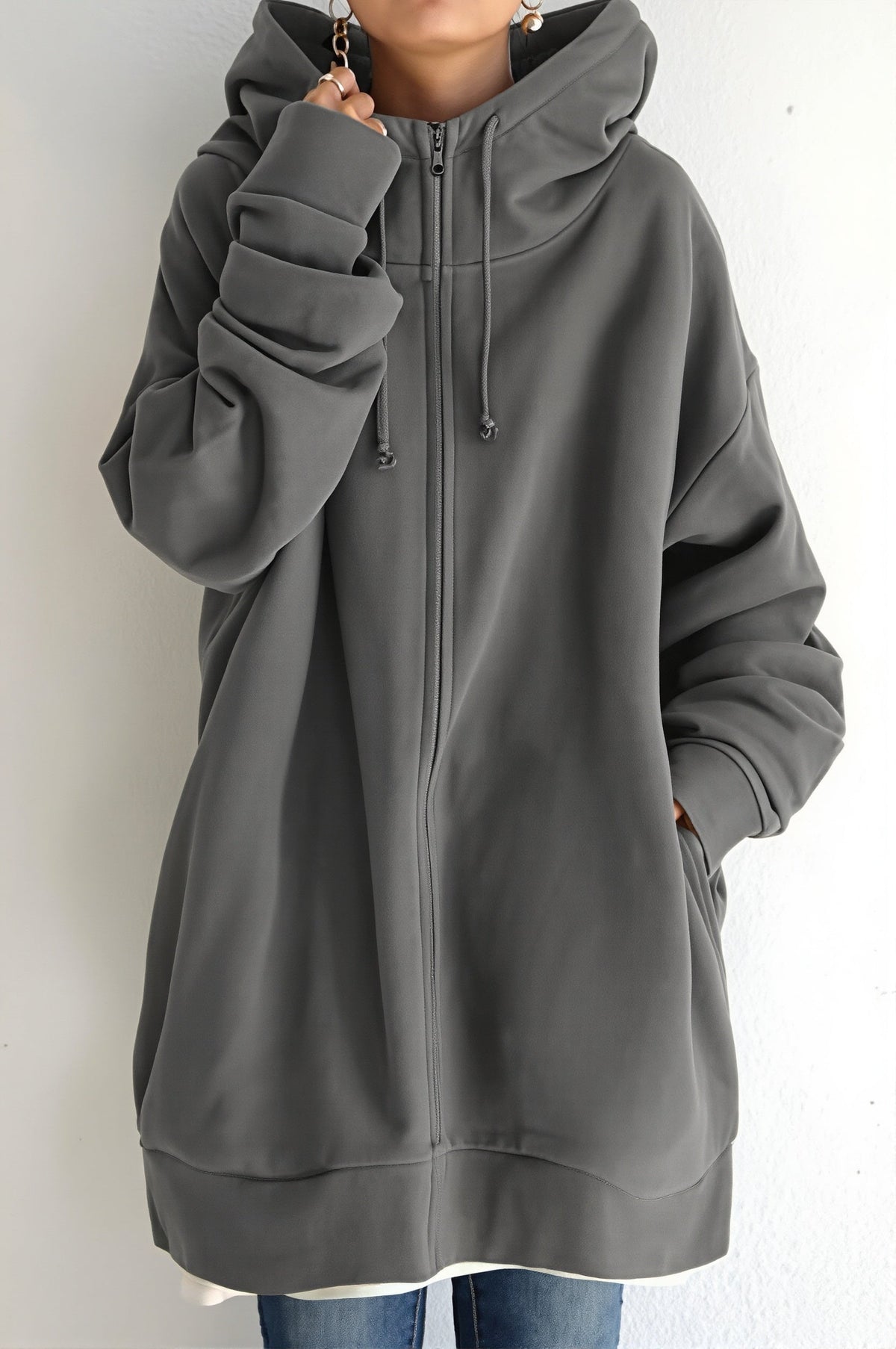 Solid Relaxed Longline Zip Hoodie