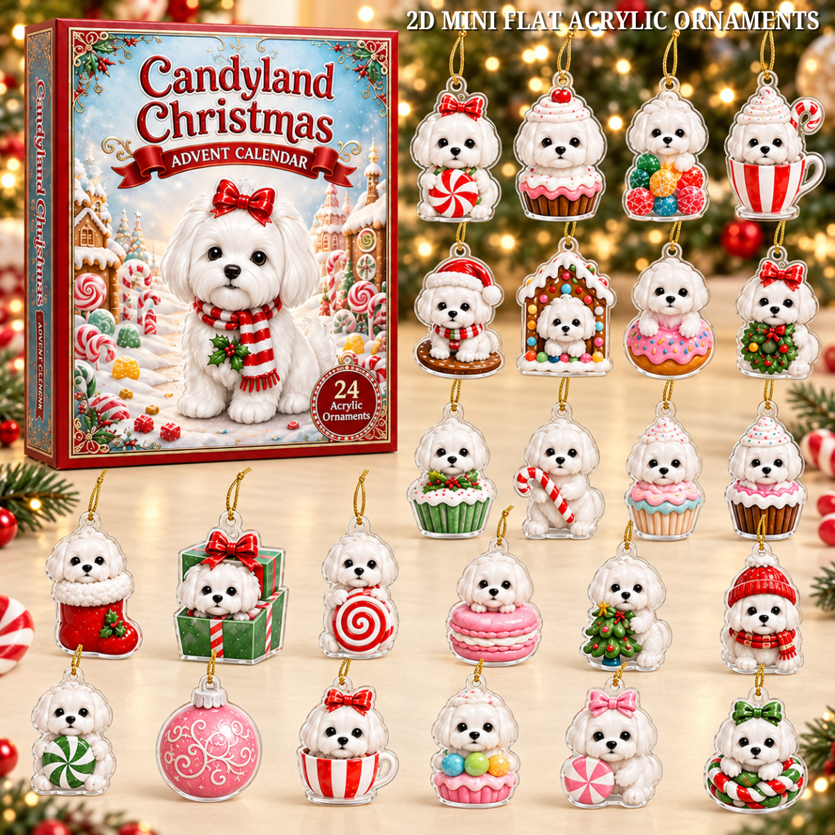 Maltese Candyland Christmas Advent Calendar 2026 - 24-Day Festive Countdown, Acrylic Charms Blind Box - Gift For Dog Lovers