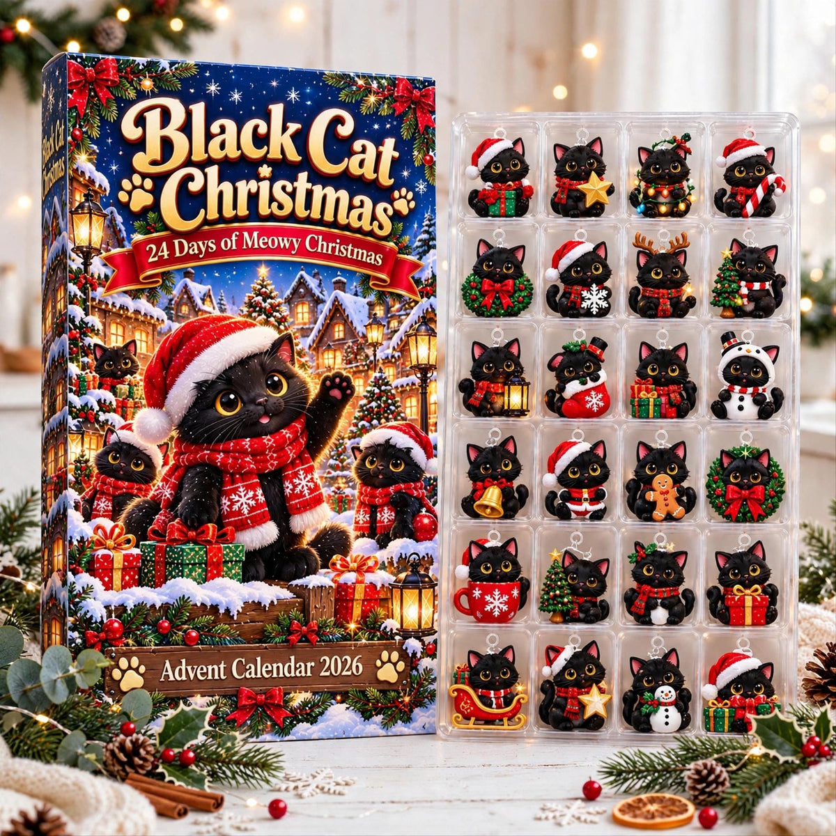 Black Cat Advent Calendar 2026, 24 Piece Black Cat Ornament Set, Blind Box Advent Calendar, Christmas Countdown Gift for Home Decor