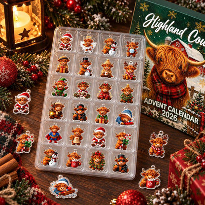 Highland Cow Christmas Advent Calendar, Acrylic or Wood Ornaments, Reusable Countdown Gift Box, Holiday Keepsake