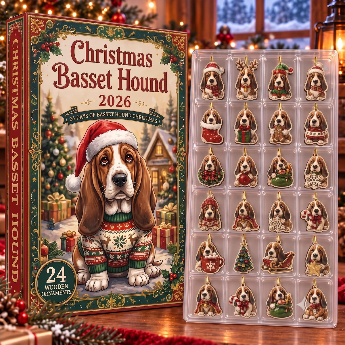 Basset Hound Advent Calendar 2026, 24 Days Christmas Countdown Box, Hanging Dog Tree Ornaments, Xmas Gift for Dog Mom