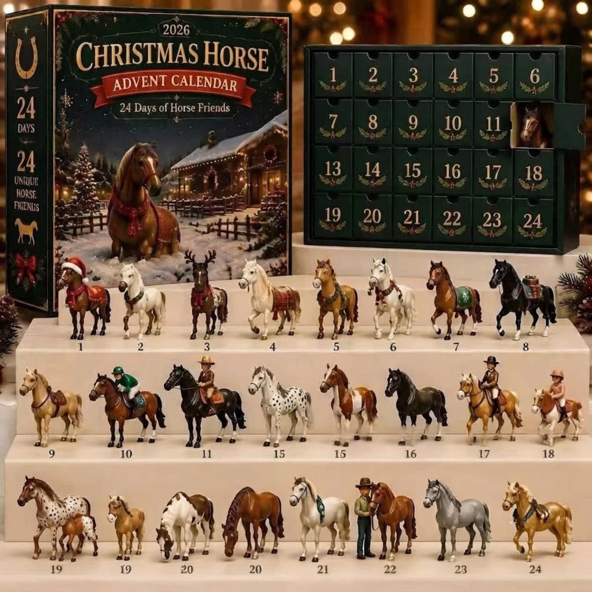Horse Advent Calendar 2026, Santa Christmas Countdown Box, Keepsake Holiday Decor, Nursery Kids Gift, 24 Day Miniature Collectible Toy