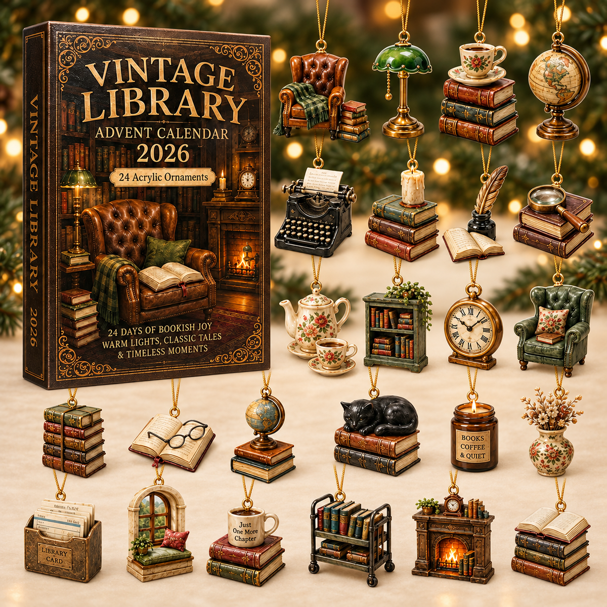 Vintage Library Advent Calendar 2026 - 24-Day Festive Countdown, Acrylic Charms Blind Box - Gift For Reading Lovers