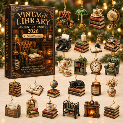 Vintage Library Advent Calendar 2026 - 24-Day Festive Countdown, Acrylic Charms Blind Box - Gift For Reading Lovers