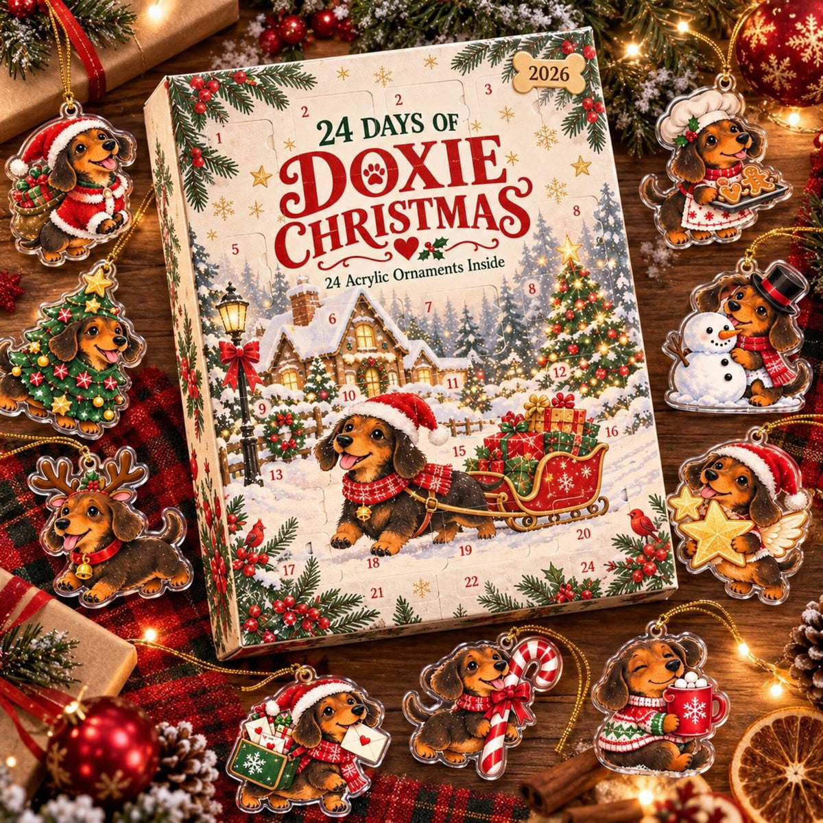 Dachshund Advent Calendar 2026, 24 Acrylic Christmas Ornaments, Doxie Countdown Box