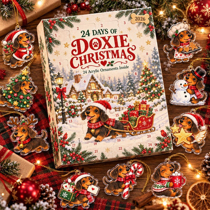 Dachshund Advent Calendar 2026, 24 Acrylic Christmas Ornaments, Doxie Countdown Box