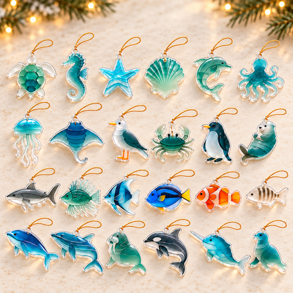 2026 Ocean Animal Advent Calendar – 24 Sea Glass Style Acrylic Christmas Ornaments, Coastal Holiday Countdown Gift for Ocean Lovers