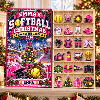 Personalized Softball Advent Calendar 2026, Custom Softball Christmas Countdown, 24 Day Acrylic Ornament Blind Box, Softball Player Gift