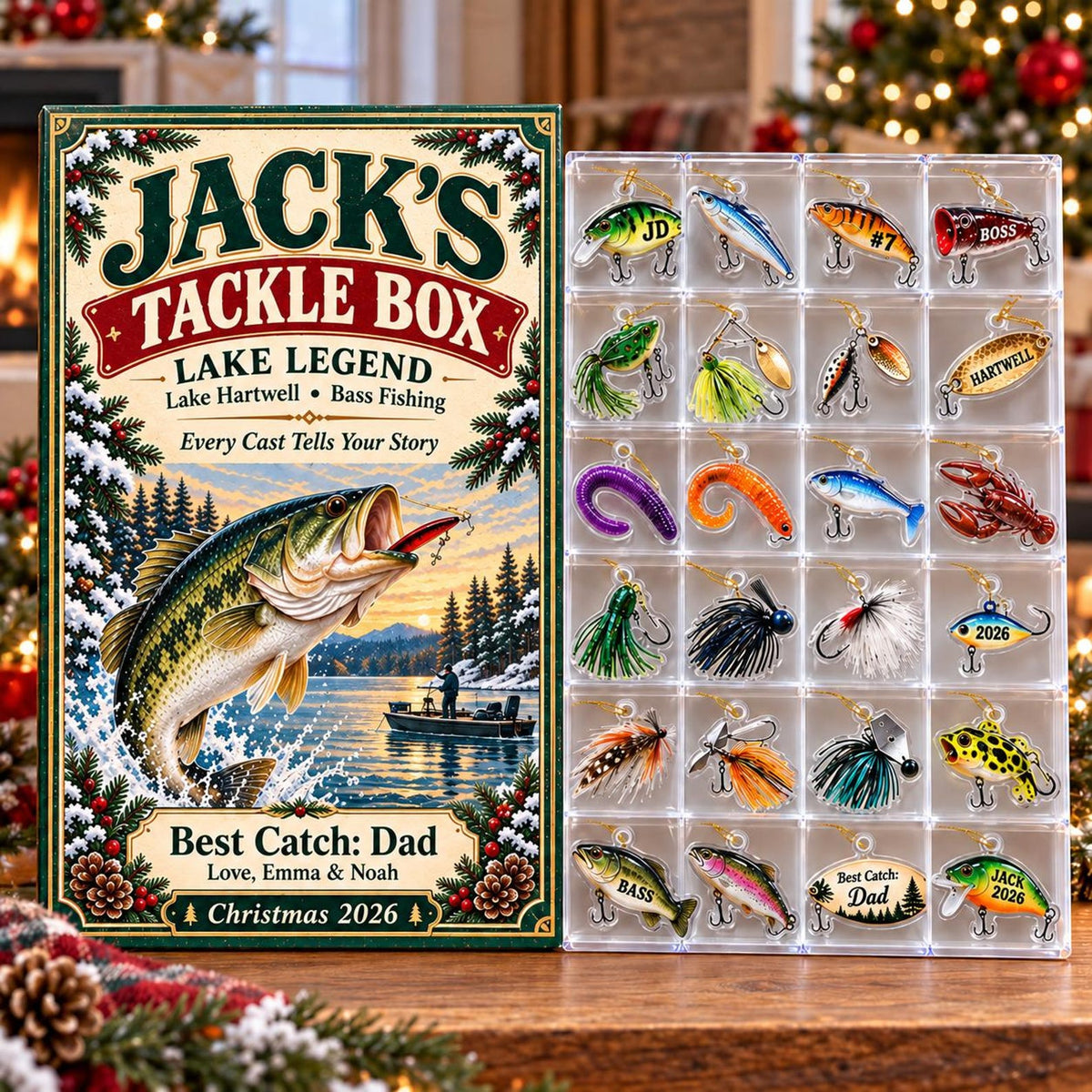 Personalized Fishing Lure Advent Calendar 2026, Bass Fishing Christmas Countdown, Tackle Box Ornaments, Gifts for Dad, Husband and Anglers