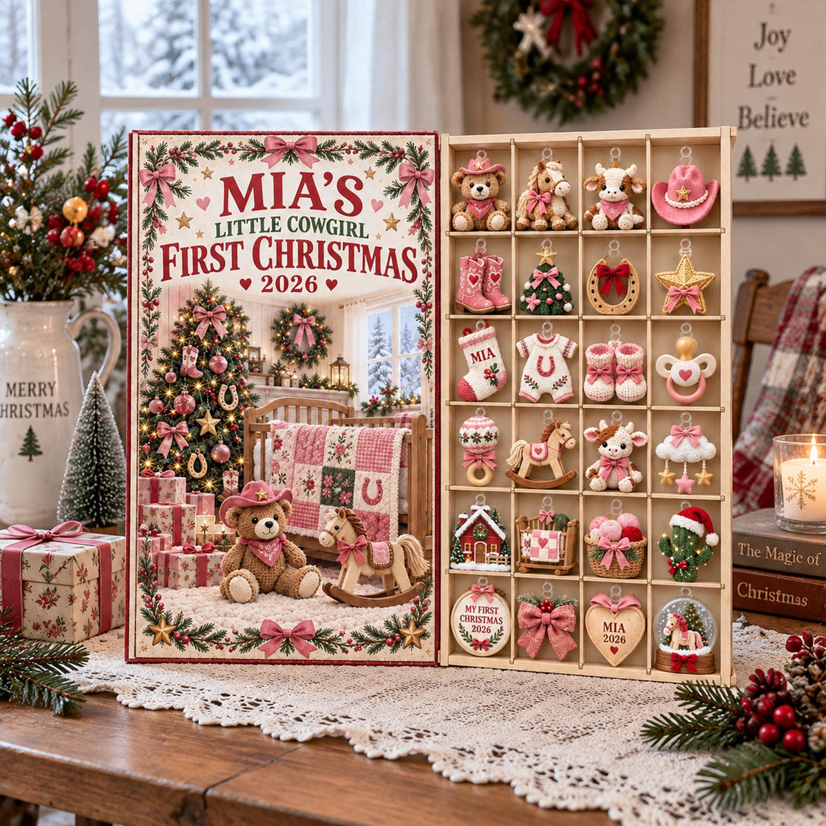 Personalized Baby First Christmas Advent Calendar 2026, Custom 24 Day Countdown Box, Little Cowgirl Acrylic Ornament Set,Baby Girl Xmas Gift