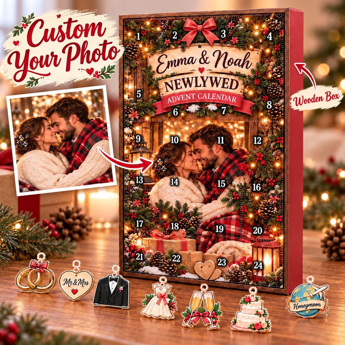 Personalized Newlywed Christmas Advent Calendar 2026, Custom Couple Name Blind Box, 24 Day Countdown Mr Mrs Xmas Ornament Set for Couples