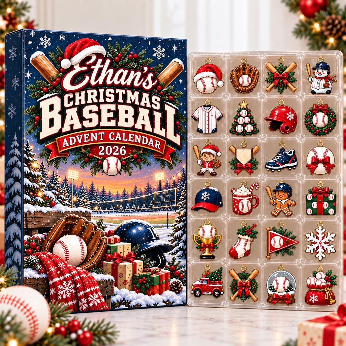 Custom Name Baseball Advent Calendar 2026, Christmas Countdown Box, 24 Baseball Charms, Personalized Holiday Keepsake, Baseball Player Gift