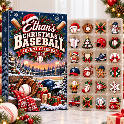 Custom Name Baseball Advent Calendar 2026, Christmas Countdown Box, 24 Baseball Charms, Personalized Holiday Keepsake, Baseball Player Gift