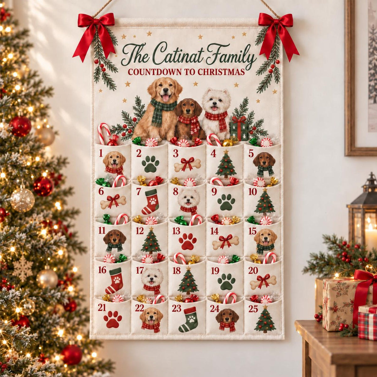 Personalized Dog Advent Calendar, 25 Pockets, Custom Family Name Wall Hanging (Reusable)