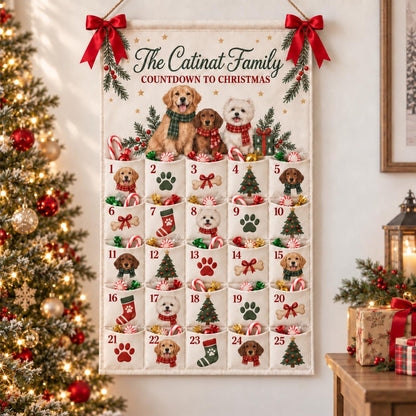 Personalized Dog Advent Calendar, 25 Pockets, Custom Family Name Wall Hanging (Reusable)