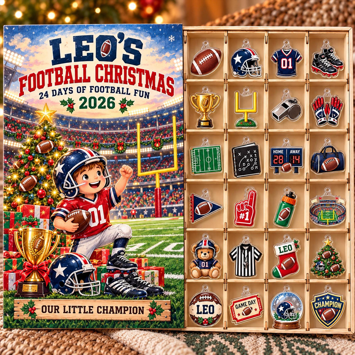Personalized Football Advent Calendar 2026, Custom Football Christmas Countdown, 24 Acrylic Ornaments, Sports Gift for Football Fans
