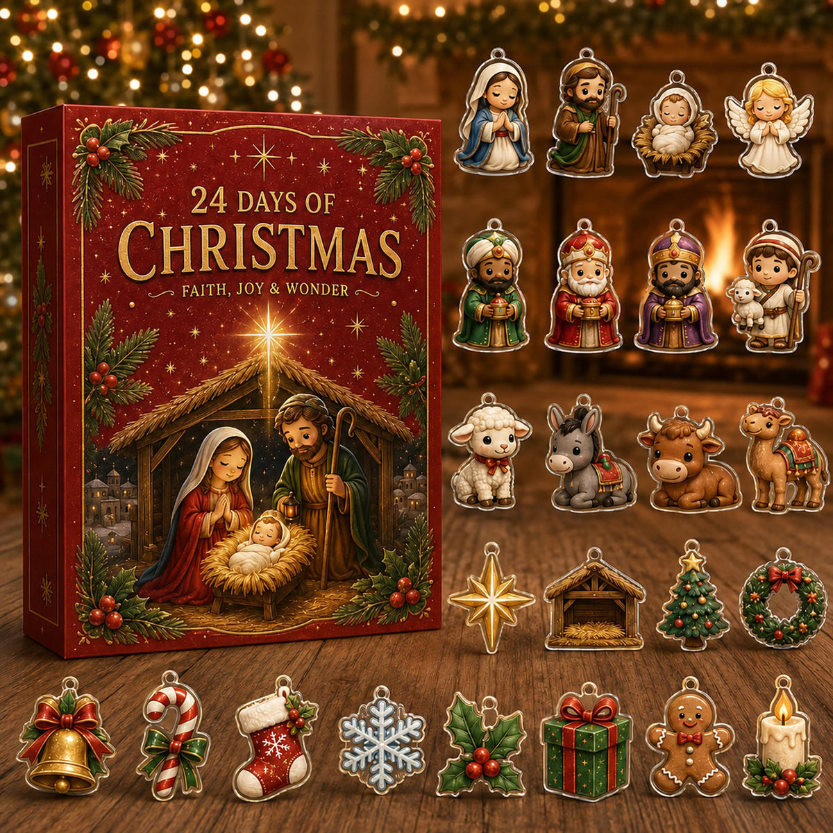 Nativity Advent Calendar, 24-Day Christian Christmas Countdown with Acrylic or Wood Charms
