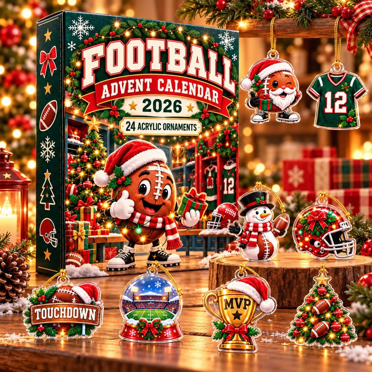 Personalized Football Advent Calendar 2026, 24 Acrylic Christmas Ornaments, Football Fan Gift Addie Alm