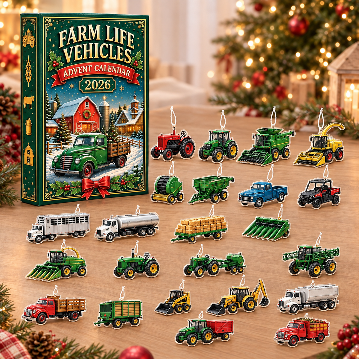 Farm Vehicle Advent Calendar 2026, 24 Acrylic Ornaments Tractors and Trucks, Christmas Countdown Gift