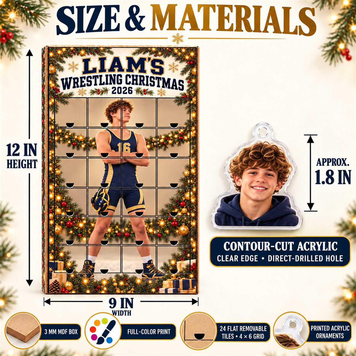 Personalized Wrestling Advent Calendar with 24 Custom Photo Acrylic Ornaments, Wrestler Christmas Gift for Athlete Family and Coach Keepsake