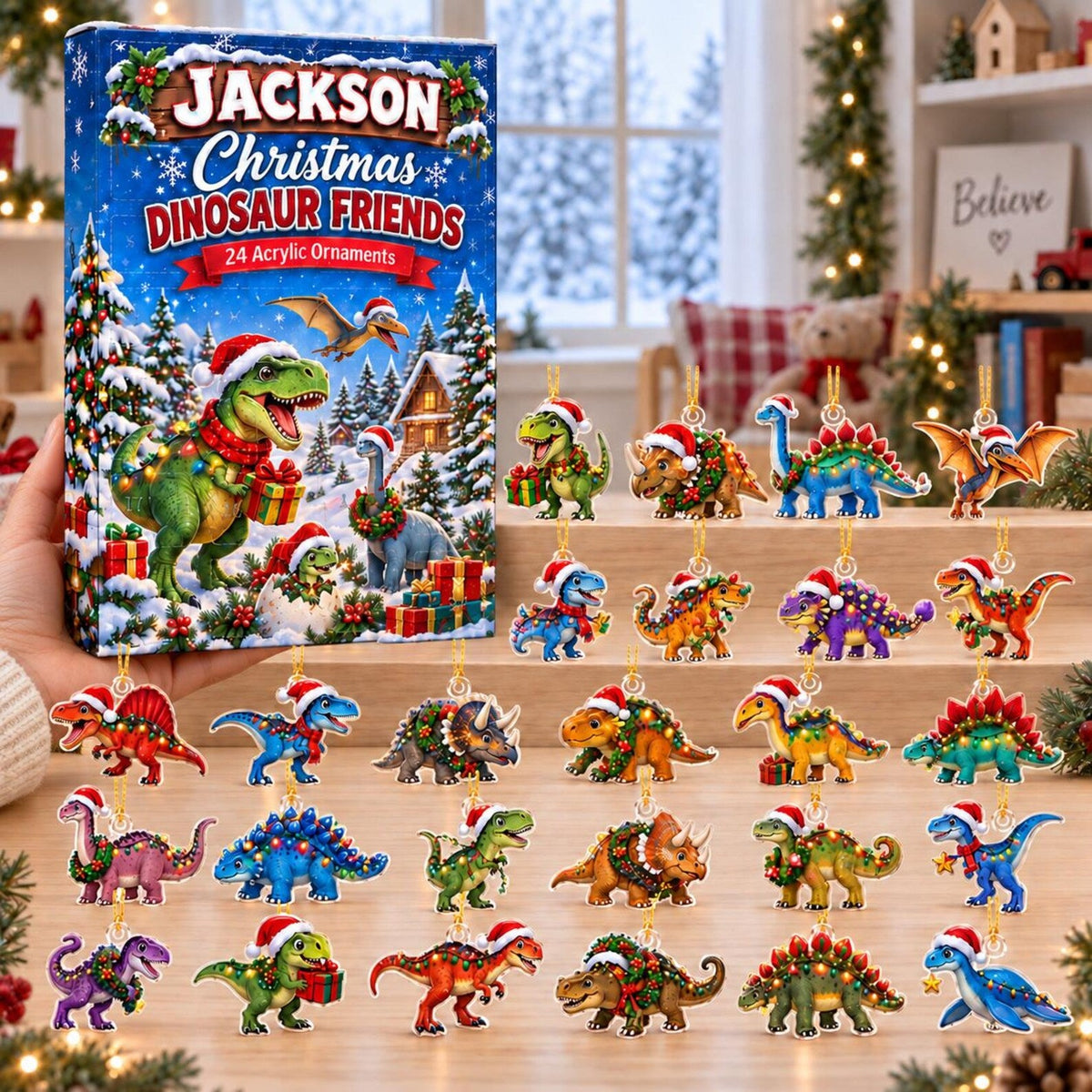 Personalized Dinosaur Advent Calendar 2026, Custom Name Christmas Countdown, Dinosaur Christmas Gift for Kids, Boys, Grandsons & Dino Lovers