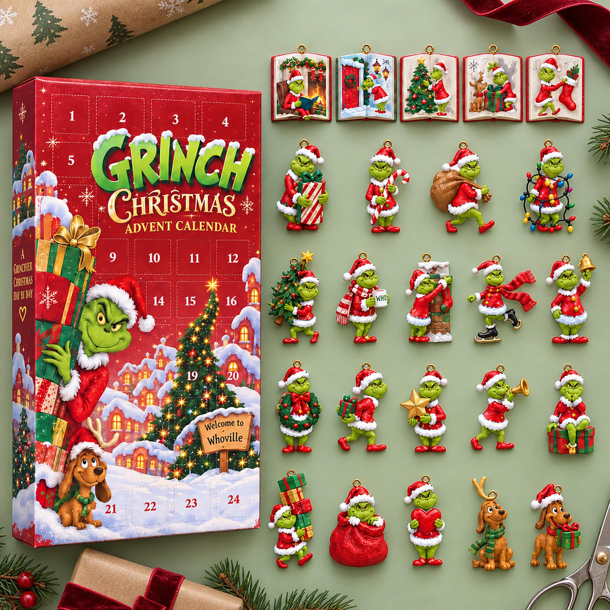 Grinch Christmas Advent Calendar 2026, 24 Acrylic Ornament Charms, Holiday Countdown Gift