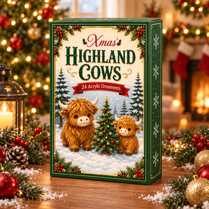 Highland Cow Christmas Advent Calendar: 24 Acrylic or Wood Ornaments
