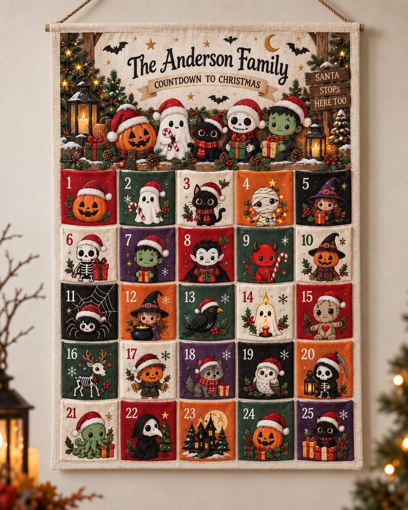 Personalized Spooky Christmas Fabric Advent Calendar, 25 Day Halloween Holiday Pocket Countdown, Custom Family Quilted Wall Hanging