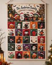 Personalized Spooky Christmas Fabric Advent Calendar, 25 Day Halloween Holiday Pocket Countdown, Custom Family Quilted Wall Hanging