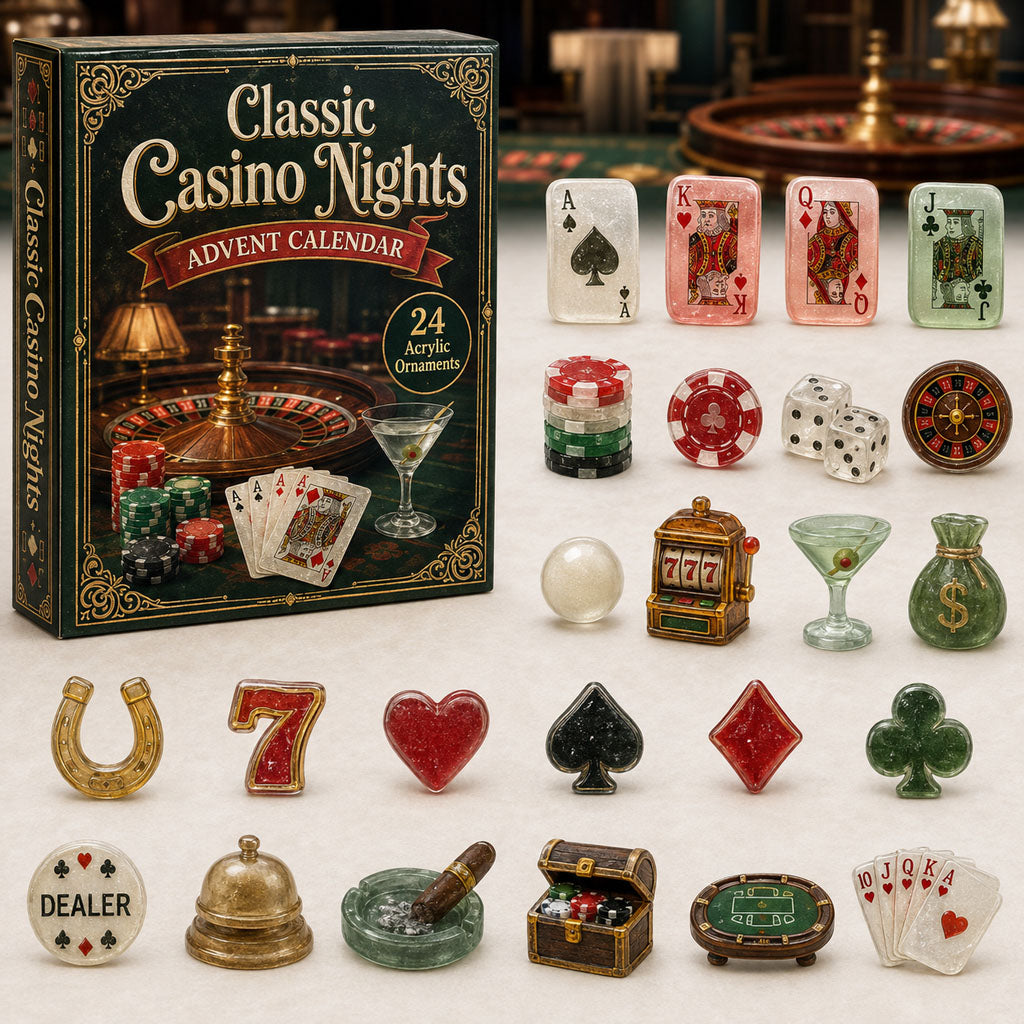 Casino Poker Night Advent Calendar 2026 - 24-Day Festive Countdown, Acrylic Charms Blind Box - Gift For Poker Lovers