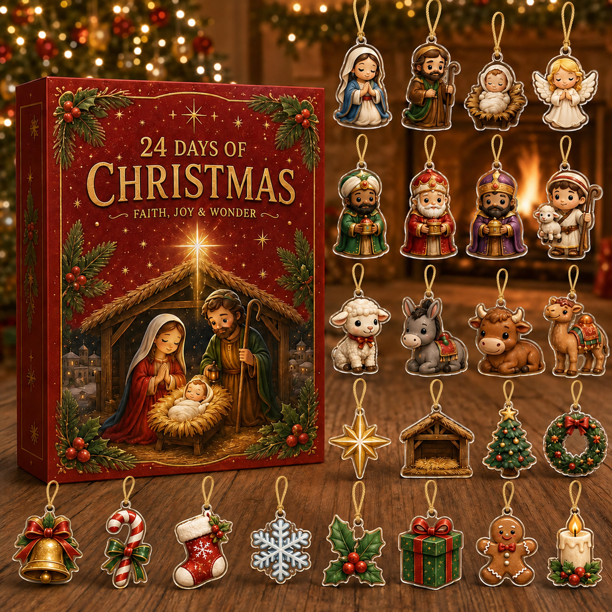 Nativity Advent Calendar, 24-Day Christian Christmas Countdown with Acrylic or Wood Charms