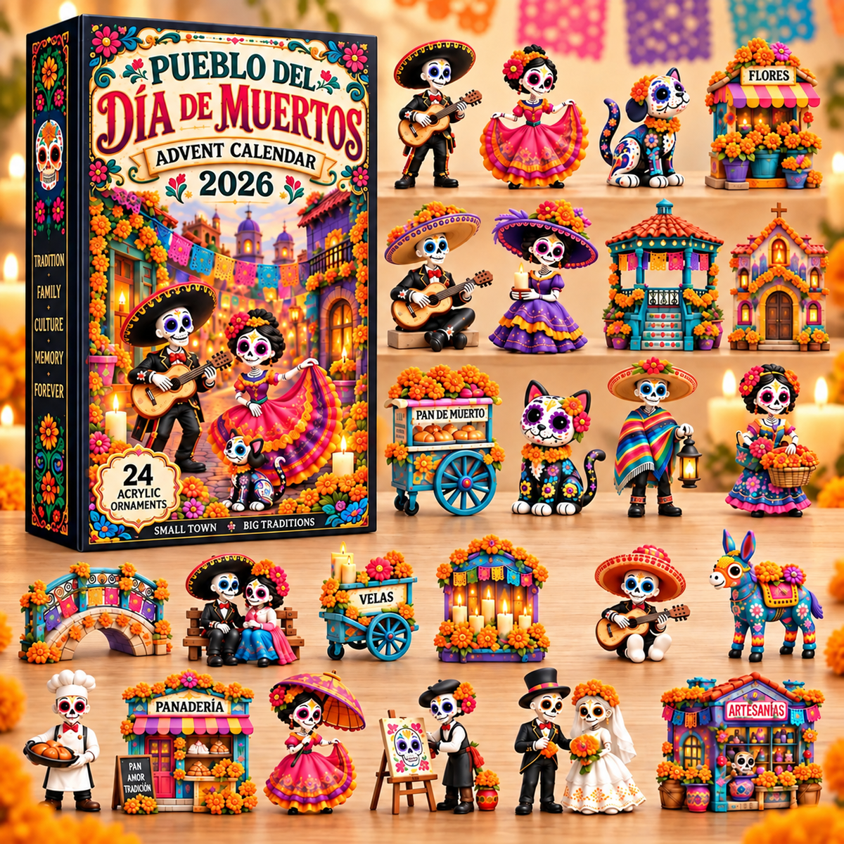 Día de Muertos Advent Calendar 2026 – 24 Acrylic Ornaments, Mexican Day Of The Dead Christmas Countdown Decor